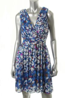 Matthew Williamson New Blue Printed Pintuck Double V Neck Casual Dress