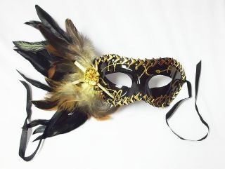 Men or Women Sexy Luxury Masquerade Party Mask Feather N Glitter Black