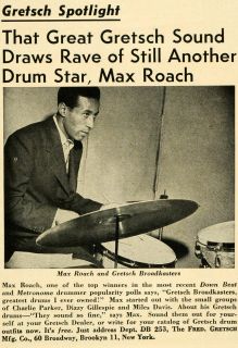 1953 Ad Gretsch Broadkaster Drums Max Roach Percussion   ORIGINAL
