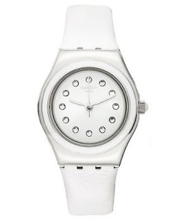 Swatch Watch, Unisex Swiss Plummy White White Leather Strap 34mm