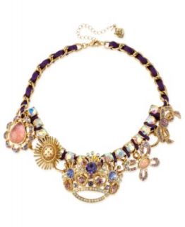 Betsey Johnson Necklace, Gold Tone Purple Ribbon Crystal Crown Frontal