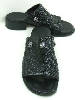 Brighton Megan Black Woven Leather Mules Sandals w Accents Womens