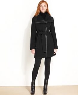 Calvin Klein Petite Coat, Faux Leather Trim Belted