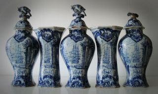 Century Dutch Delft Garniture Vases Maritime VOC Merchant Ships