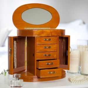 Mele Trinity Wooden Jewelry Box 5 Drawer 3 Compartment Burlwood Oak