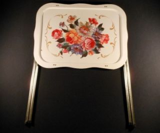 White Floral Tole TV Standing Folding Lap Tray Metal Tin 24