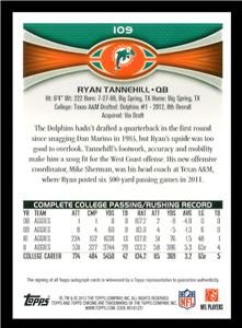 2012 Topps Chrome RC Autograph 109 Ryan Tannehill SP Incredibly RARE 1