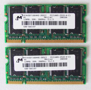 Micron 2 x 128MB DDR 266 PC2100 CL2 5 So DIMM Laptop Memory