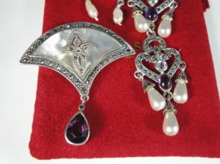Sterling Silver Set Brooch Pendant Earrings Ring Marcasite Pearl MOP