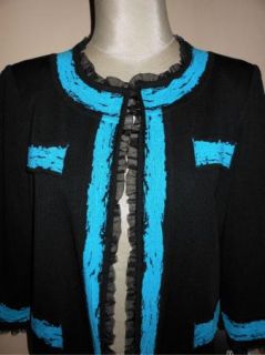 Ming Wang Black Teal Ruffle Trim 3 4 Sleeve Jacket M $239