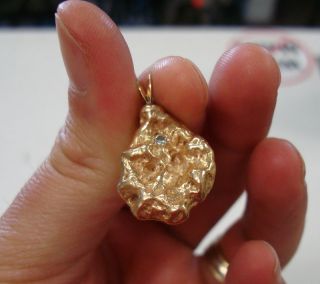 14kt Solid Gold Nugget Pendant with Small Diamond 14k
