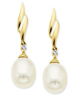 Pearl and Diamond Earrings, 14k Gold Cultured Freshwater Pearl and