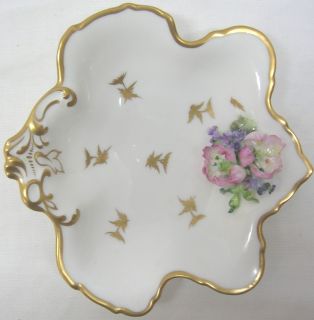 DERBY Leaf Shaped Pin Dish with applied Flowers + Gold Rim Vintage