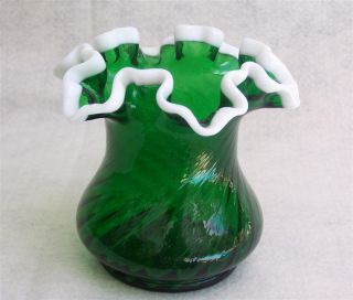Vintage Fenton Emerald Green Milk Glass Rim Ruffle Vase