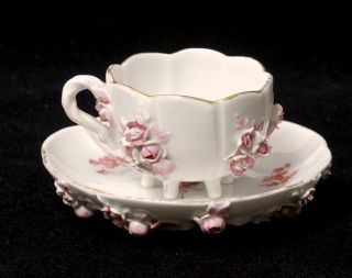 Antique Meissen Porcelain Pink Flower Encrusted Demitasse Cup and