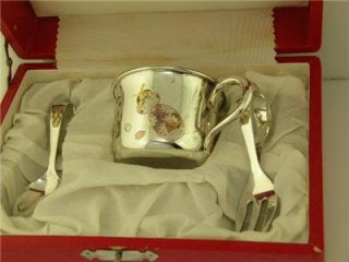 Vintage Japanese Sterling Baby Cup Spoon Fork Set Kokeshi w Box