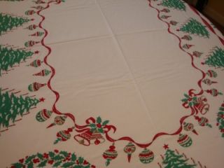 Charming Country Scenes Trees Bells Holly Vtg Christmas Tablecloth