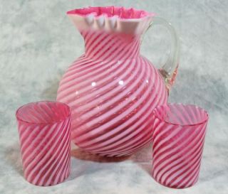 Victorian Cranberry Opalescent Reverse Swirl Pitcher Cups