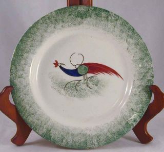 Peafowl Design Green Spatterware Plate Staffordshire