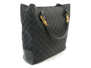 USED Gucci Black GG Monogram Bamboo Handle Handbag Auth Free SH #166E3