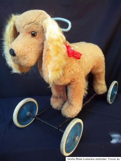 Antique Steiff Dog Spaniel on WHEELS1950S WR Silver Button for Riding