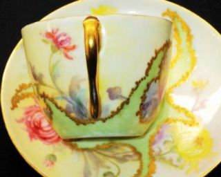Antique Limoges Encrusted Gold Pink Yellow Green France Tea Cup and