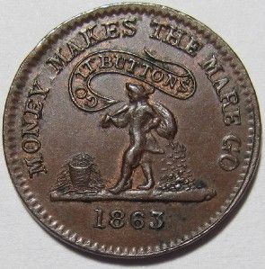 1863 KNICKERBOCKER $ Money Makes the Mare   Go It Buttons CIVIL WAR