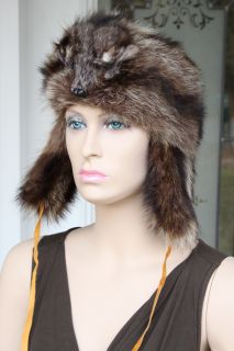 Silver Tip Raccoon Fur Hat w Head Tail for Men Women