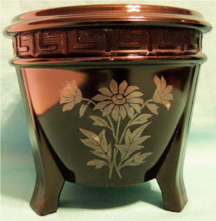 Vintage Black Amethyst Glass Oriental Styled Urn Pot with Daisy Motif