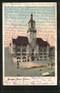 alte AK Stuttgart, Neues Rathaus, Litfaßsäule 1908