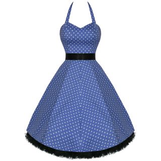50er Jahre Kleid Damen Blau Gepunktet Schwingend Partykleid Pinup