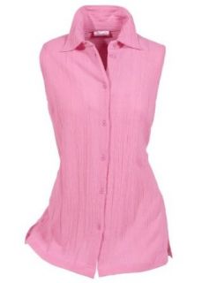 Damen Bluse pastell rosa Crincle ärmellos 100% Baumwolle Knopfleiste