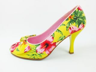 Pumps Schuhe High Heels gelb gruen rot Textil Blumen Schleife 40