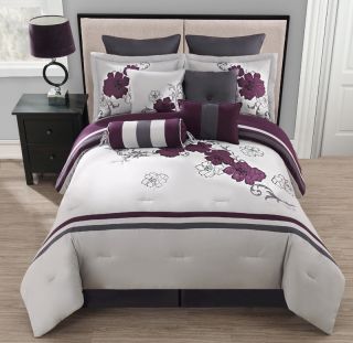 10 Piece Queen Poppy Purple and Gray Comforter Set