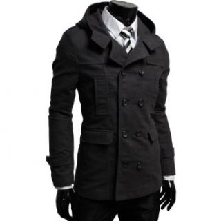 TheLees Herren zweireiher slim Baumwolle Haube Trench Mantel 