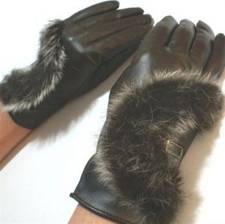 H144 L NEU Luxus Leder Damen Handschuhe schwarz m Fell Silber Schnalle
