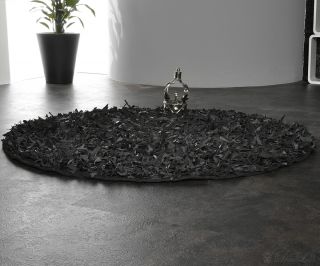 Teppich Cuero 150x150 cm Schwarz rund Echtleder Fransen