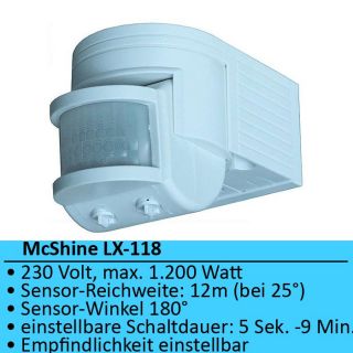 Bewegungsmelder Sensor 180 Grad 230V/1000W weiß McShine LX 118