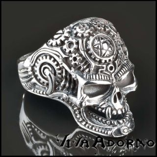 Silber Ring 925 Totenkopf Skull Tattoo Blumen Biker SR15