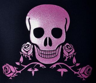 SKULL & ROSES TATTOO   NEW BLACK ADULT T SHIRT with PINK GLITTER SIZE