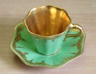 Coalport antike Mokkatasse antique Demitasse Cup Saucer grün gold