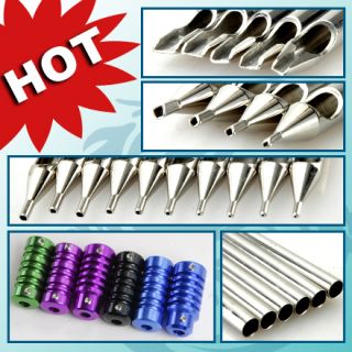 31 pcs kit STAINLESS STEEL TATTOO 6 GRIPS TUBES SLEEVES Tips Nozzle