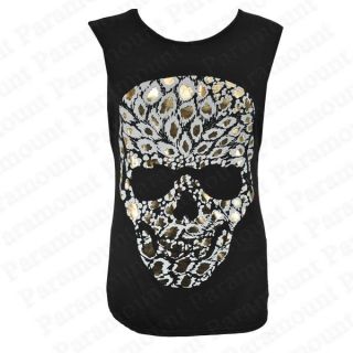 Goldfolie Print Skull Head Sleeveless T Shirt Long Vest Top Womens