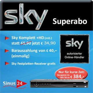 Sky Abo Komplett inkl. HD 34,90 mtl. statt 65,90 + Sky HD+ Receiver