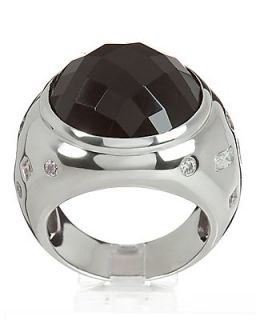X447 Ring rhodiniert Glasstein schwarz Zirkonia weiss RW18