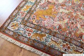 Perser/Orient Teppich Ghom Seide/Kaschmir Silk Jagdmuster Tiere 155 x