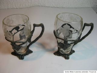 Jugendstil Glas Karaffe Argentor Wien um 1900 mit zwei Gläsern