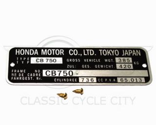 Typenschild + 2 Nieten Honda CB 750 Four K0 K6 K7 F F2 VIN Type Plate