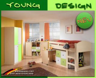 NEU* Jugendzimmer Kinderzimmer Ahorn weiß grün Hochbett
