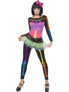 Damen Kostüm Sexy Neon Tutu Skelett Halloween Party Outfit Gr. 34 46